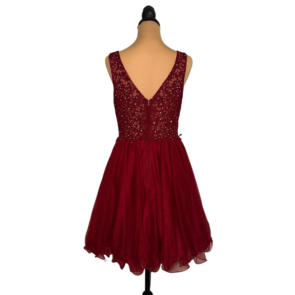 Jodi Kristopher Burgundy Lace Rhinestone Tulle Cocktail Dress 9 3145-QA5B-T3 - Picture 3 of 8